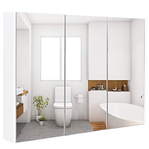 GOPLUS Spiegelschrank mit 3 Türen, Badezimmerschrank mit Spiegel, Hängeschrank mit verstellbaren Ebenen, Wandschrank Bad für Badezimmer, 65 x 11 x 90 cm