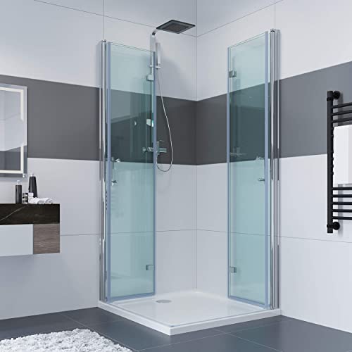 IMPTS 90 x 90 x 195 cm Duschkabine Eckeinstieg Doppel Falttüren Duschtüren 180º Eckig Dusche Duschwand Duschabtrennung mit NANO Beschichtung