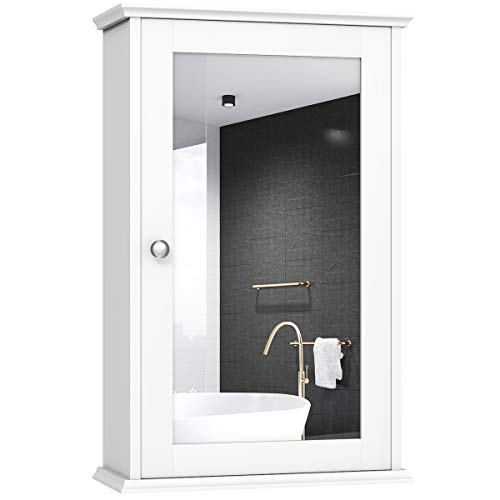 COSTWAY Spiegelschrank Bad, 2-stöckiger Hängeschrank mit Spiegel, Wandschrank Badezimmerspiegel aus Holz mit 3-stufig Verstellbarer Ablage & Tür, 34 x 15 x 53cm (Weiß)