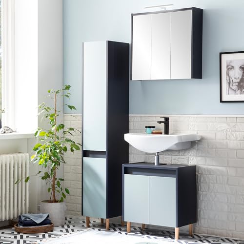 Lomadox Badezimmer Set 3-teilig Waschbeckenunterschrank Badezimmerschrank inkl. Spiegelschrank mit LED Beleuchtung modern in blau