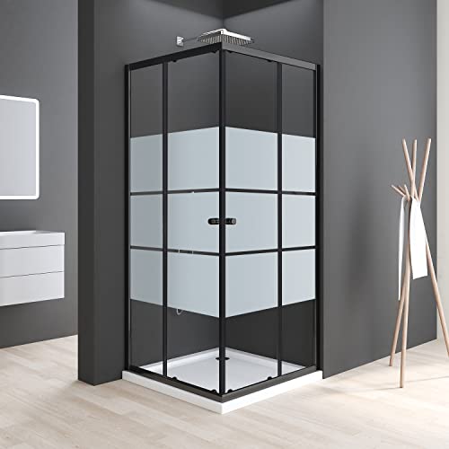 Boromal Duschkabine Schiebetür, Duschkabine 90x90 cm Eckeinstieg Schwarz Duschabtrennung 5mm ESG Milchglas Streifen Duschtür Duschwand Höhe 185cm