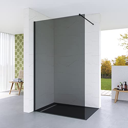 Duschabtrennung Duschwand Glas Walk in Dusche graues Glas 100 x 200 cm Echtglas Grauglas 8 mm mit Wandprofil schwarz matt Duschtrennwand Glaswand Nano Beschichtung 90° Stabilisator aus Edelstahl