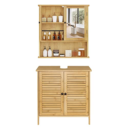 EUGAD Badezimmer Badmöbel Set Waschbeckenunterschrank Unterschrank Badezimmerschrank mit Spiegelschrank Hängeschrank für Bad Bambus Model 5