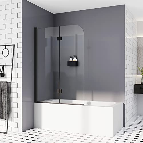 Duschwand für Badewanne 120 x 140 cm Schwarz Duschabtrennung Sicherheitsglas Faltwand für Badewanne NANO Glas Badewannenaufsatz 6mm ESG Duschwand
