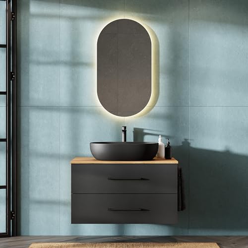 Planetmöbel LUX Badmöbel Waschtischunterschrank 90 cm hängend ohne Aufsatz-Waschbecken, Waschtisch Gold Eiche/Anthrazit