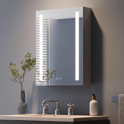Dripex Spiegelschrank Bad mit Beleuchtung Grau, Steckdose und Glasablage, Badezimmerschrank mit Spiegel, 3 Lichtfarbe Einstellbar, Dimmbar, Linkstürige Spiegelschrank, Beschlagfrei 45 x 60 cm