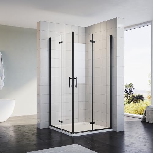 Sonni Falttür Duschwand Eckeinstieg Duschkabine 90x90 cm Schwarzes Dusche Duschabtrennung Nano 6mm Glas 180º Faltdusche Höhe 195 cm Drehfalttür