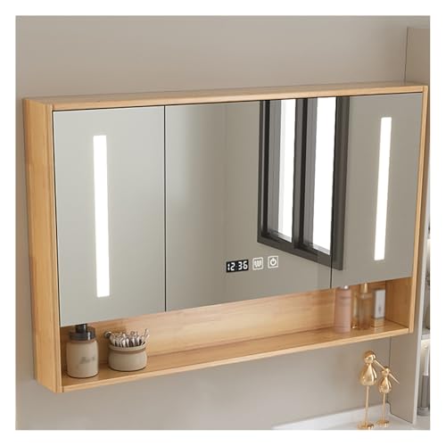 ZHENGQIAN Badezimmerschrank hängend,Massivholz badezimmerschrank mit Spiegel,Berührung Sensorschalter,badspiegel mit Uhr und led Beleuchtung,Großer Stauraum(B,1-L88xW70cm/L34.6xW27.5IN)