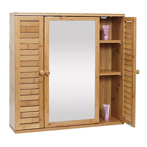 Mendler Spiegelschrank HWC-B18AM, Badspiegelschrank Hängeschrank, 3 Regalböden 3 Türen Bambus Spiegel 60x60x15cm