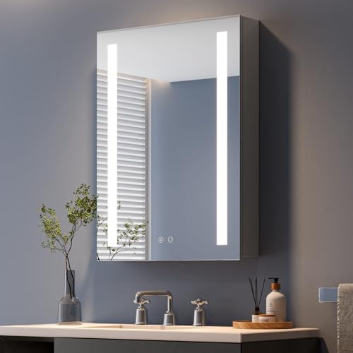 Dripex Spiegelschrank Bad mit Beleuchtung Grau, Glasablage und Steckdose, Badezimmerschrank mit Spiegel, 3 Lichtfarbe Einstellbar, Dimmbar, Linkstürige Spiegelschrank, Beschlagfrei 60 x 80 cm
