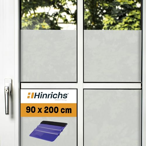 Hinrichs UV Fensterfolie Selbsthaftend - 90 x 200 cm Folie Fenster Sichtschutz Matt - Milchglasfolie Selbstklebend Fenster Acrylglas Milchglas - Fensterfolie Sichtschutz Fenster innen inklusive Rakel