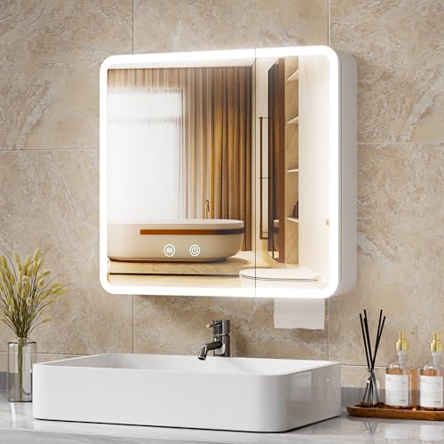 MSFE Badezimmer spiegelschrank mit Beleuchtung Spiegelschrank mit LED & Beschlagfrei Hängeschrank Badspiegel Badezimmerschrank Spiegel für Badezimmer Keine Installation erforderlich 70 x 70 x 12.5CM
