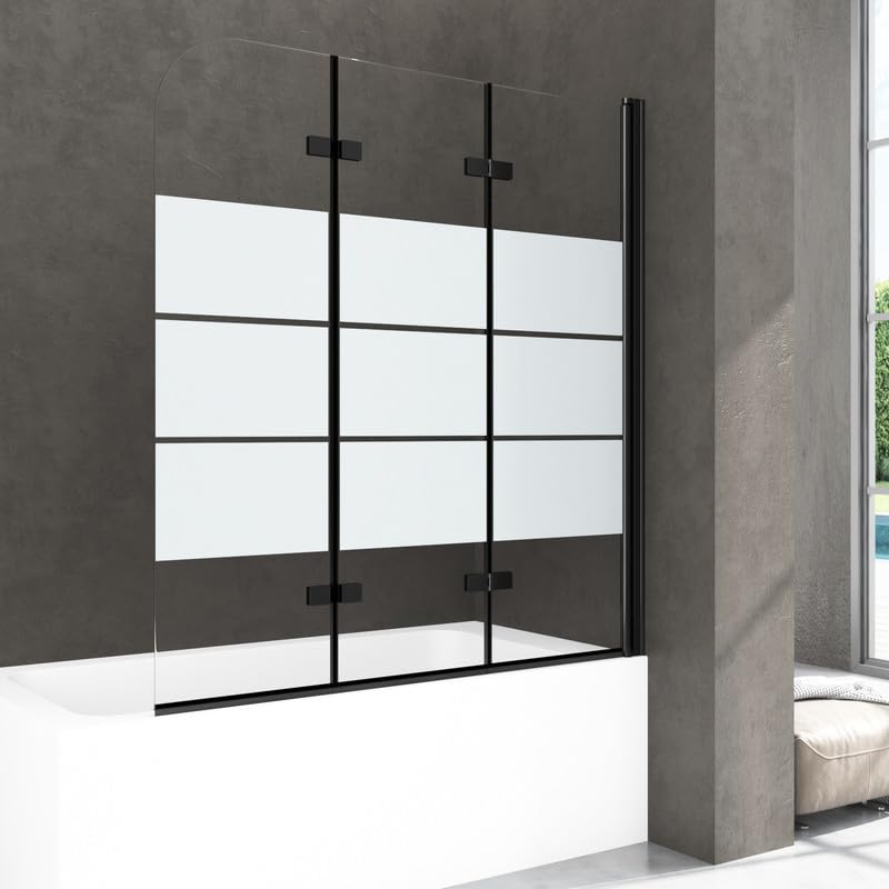 Duschwand für Badewanne 140x140 cm, Schwarzer Rahmen mit weißen Querstreifen Badewannenfaltwand 3-teilig Faltbar, 6mm ESG Glas Beschichtung Duschtrennwand