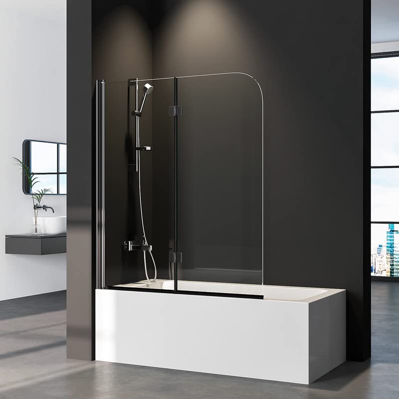 WDWRITTI Duschwand für Badewanne schwarz faltbar 100x140cm Duschwand Glas, 2-teilig Duschwand Badewannenaufsatz, Duschabtrennung Badewanne mit 6mm Nano Easy Clean Glas