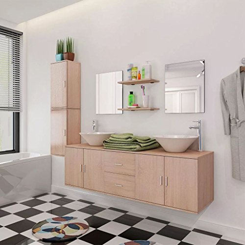 LAPOOH 11-TLG. Badmöbel-Set mit Waschbecken und Wasserhahn, Badezimmer Möbel, Waschtisch Set, Beige