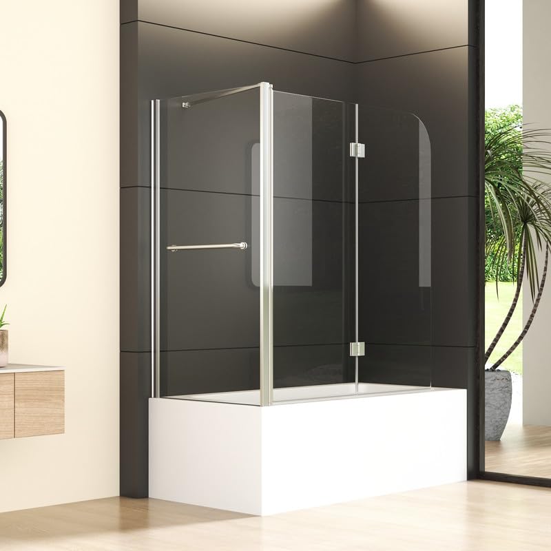 Duschwand für Badewanne mit Seitenwand 75x100x140cm 2-teilig Faltbar Duschabtrennung, Badewannenaufsatz Klappbar Duschtrennwand aus 6mm EGS NANO Glas, Seitenwand mit Handtuchhalter