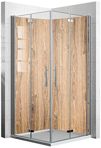 dedeco Eck-Duschrückwand wasserfest mit Holz Motiv - 2 x 90x200 cm, als Badrückwand zum Fliesenersatz, als Dekorwand, Wandverkleidung und Duschplatte aus hochwertigem Aluminium - Made in Germany