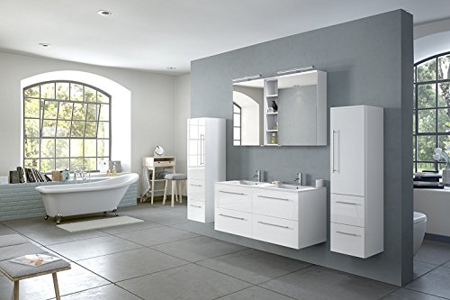 SAM Badmöbel-Set Villa 4-TLG, Hochglanz weiß, Softclose Badezimmermöbel, Doppelwaschplatz 120 cm Mineralgussbecken, Spiegelschrank, Zwei Hochschränke, 4 teilig