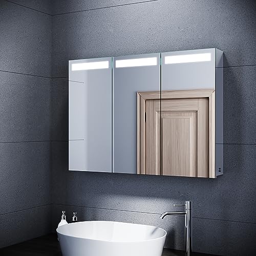 SUNXURY Spiegelschrank Bad mit Beleuchtung 90x65cm 3 Türen LED Badzimmerschrank mit Kippschalter Wasserdicht Edelstahl Hängeschrank mit Steckdose
