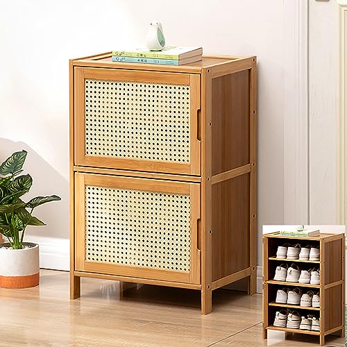 Bambus-Schuhregal, Eingangsbereich, Aufbewahrungsschrank mit Türen, freistehend, Schuh-Organizer, Schrank, schmales Schuhregal, vier Ebenen, 68 cm Höhe, Rattan-Design