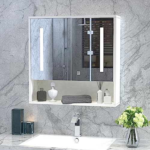 Msutree 2 Türen Badspiegelschrank mit Beleuchtung Wandmontierter Badspiegelschrank spiegelschrank Einstellbarer Lichtstärke für Badezimmer Duschraum 610 * 600mm