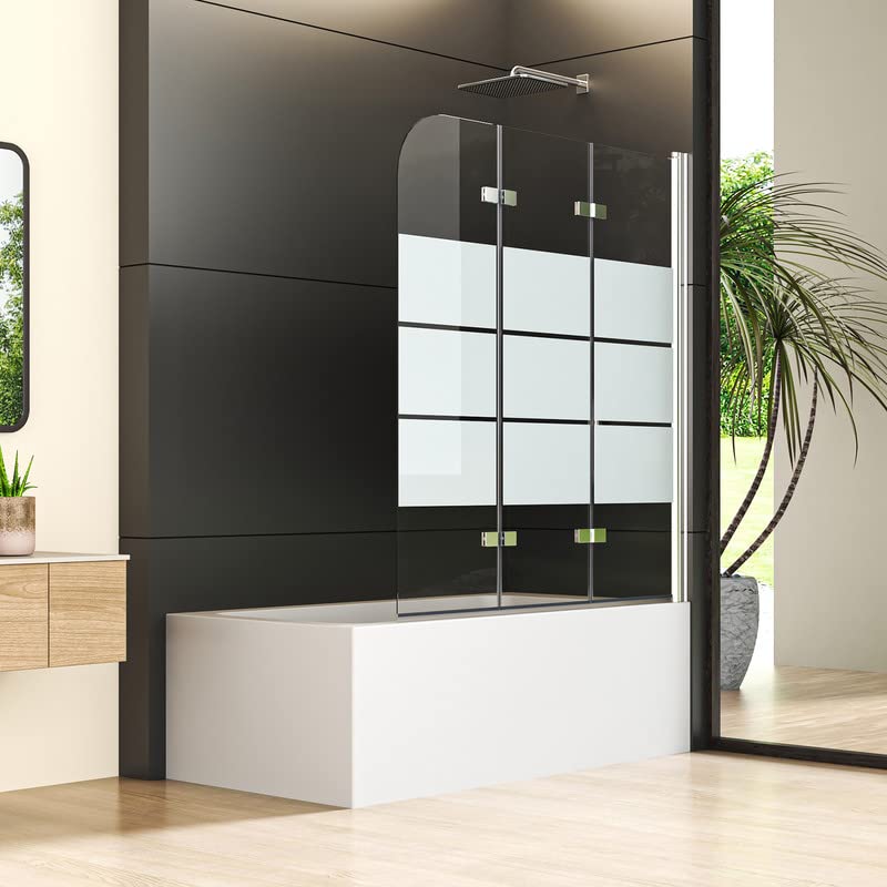 Duschwand für Badewanne 3-teilig 140x140cm Gestreift Glas Duschabtrennung, Faltbar Badewannenaufsatz 6mm EGS Sicherheitsglas Duschtrennwand