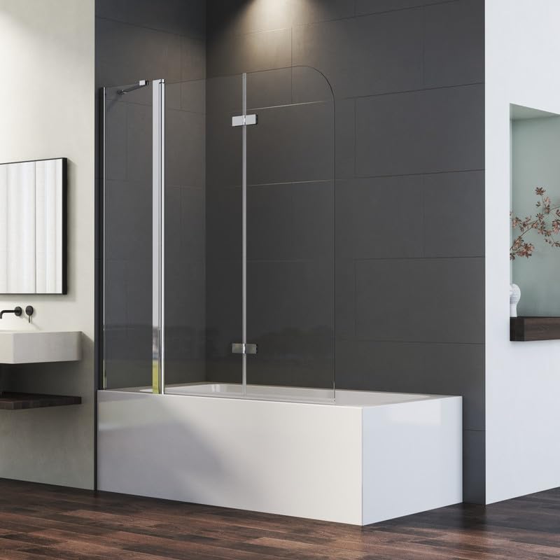 Duschwand für Badewanne 150 x 140 cm 3-teilig Faltbar mit festem Segment Badewannenaufsatz, Glas Duschabtrennung Trennwand 6mm EGS Sicherheitsglas, Badewannenwand mit NANO Easy-Clean Beschichtung