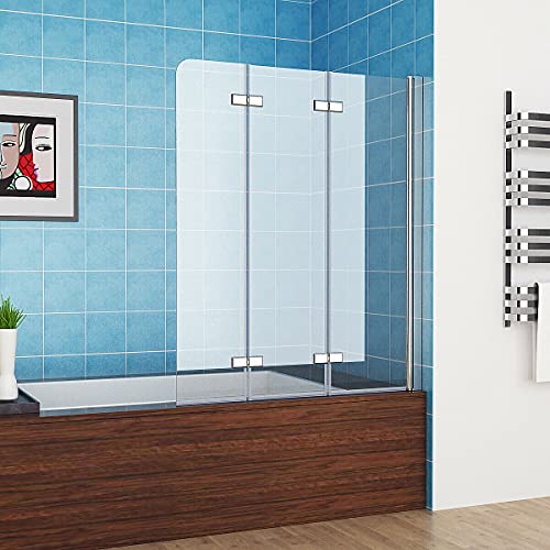 MIQU 100 x 140 cm Badewannen 3-teilig Faltwand Aufsatz 180° Duschwand Duschabtrennung 6mm Nano Glas DAY-3D