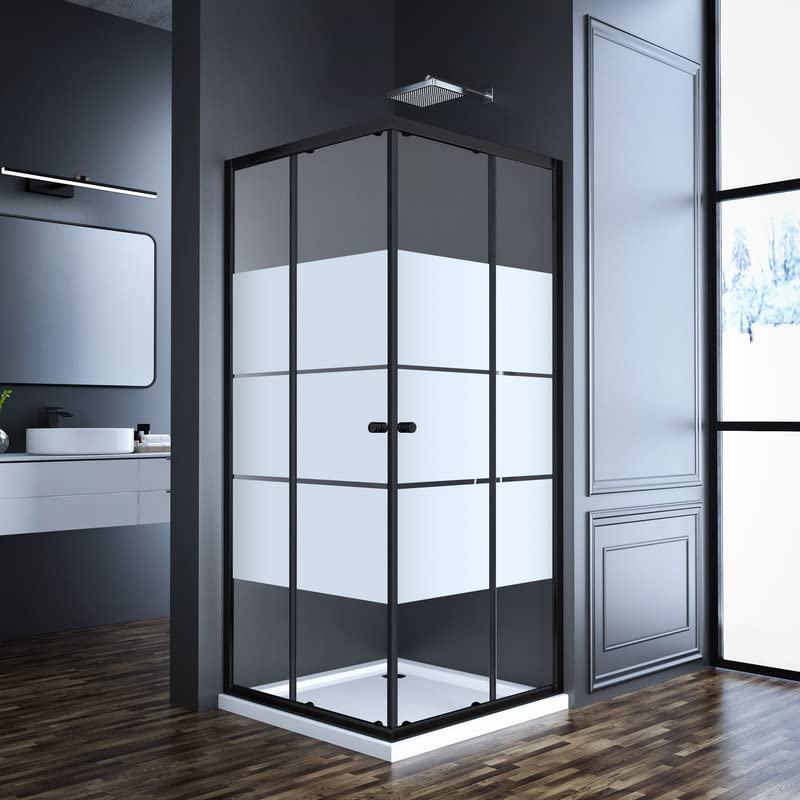 Duschkabine Eckeinstieg 90x90x185cm Schiebetür Schwarz Duschabtrennung, Goezes Gestreift Eckeinstieg Duschkabine mit Schiebetüren Dusche Duschwand aus 6mm ESG Glas, LINKS & RECHTS MONTIERBAR