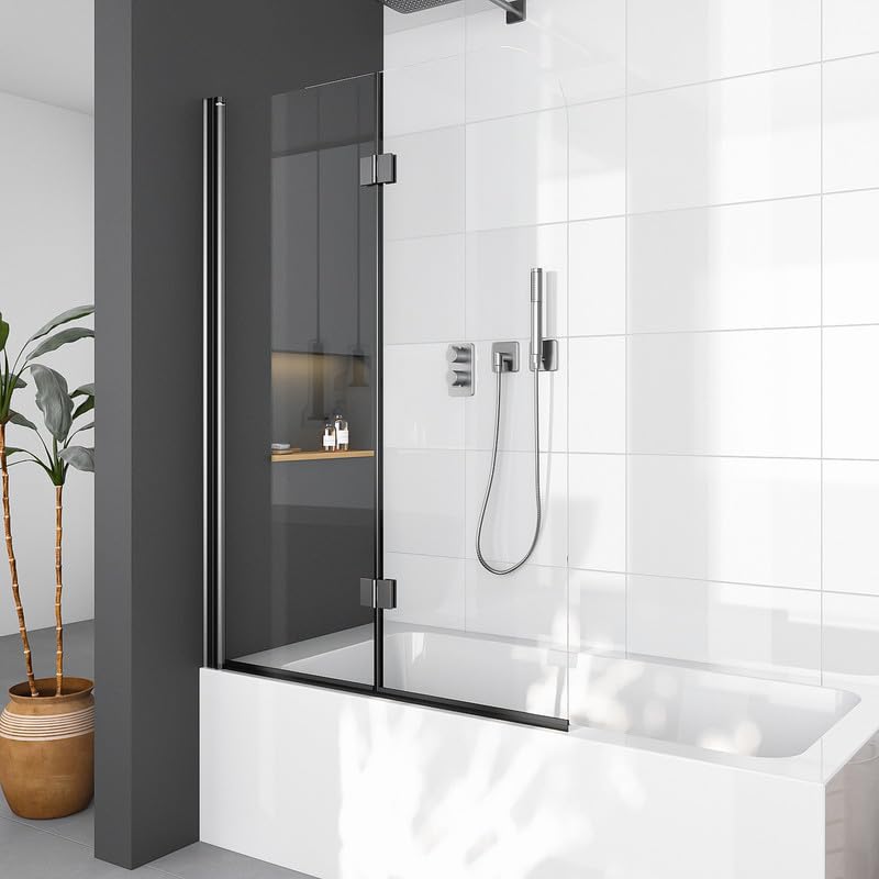 WDWRITTI Duschwand für Badewanne 110x140cm Duschabtrennung 2-teilig Faltbar, Glas Duschwand Schwarz Badewannenaufsatz aus 6mm NANO Glas Faltbare Duschtrennwand Badewannenfaltwand