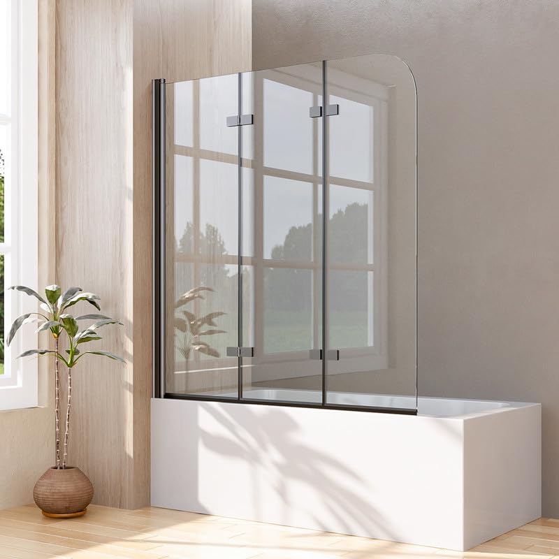 Goezes Duschwand für Badewanne 140x140cm 3-teilig Faltbar, Schwarz Duschabtrennung Glas Badewannenaufsatz Duschtrennwand Duschwand aus 6mm ESG Nano Sicherheitsglas, 140cm Badewannenwand