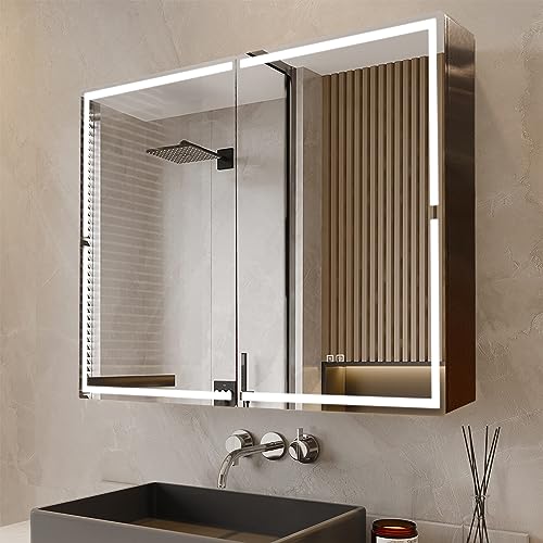 Meidom Spiegelschrank Bad mit Beleuchtung, 3-farbiger dimmbarer Badezimmerschrank, Entnebelungsfunktion, verstellbares Glasfach, doppeltüriger Spiegelschrank, 100 x 70 x 13,8 cm, Braun