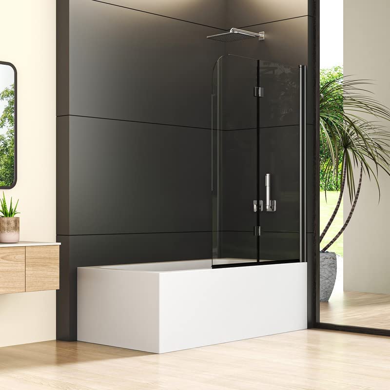 Goezes Faltbar Duschwand für Badewanne 100x140cm 2-teilig, Schwarz Duschtrennwand Badewannenaufsatz, Doppelfaltflügeltür Duschabtrennung, 6mm Nano ESG Glas