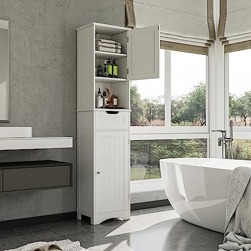 Bealife Hochschrank Badezimmer, 170x40x30cm Badschrank mit verstellbaren Regalen, Badezimmerschrank mit offenem Fach, Schublade und Türen für Badezimmer, Wohnzimmer, Schlafzimmer - Weiß