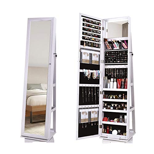 SogesHome Jewellery Cabinet Schmuckschrank mit Spiegel in voller Länge und 360° drehbarem Sockel, Standspiegel Abschließbare Schmuckschränke, Spiegel-Schmuck-Organizer Höhe 160 cm