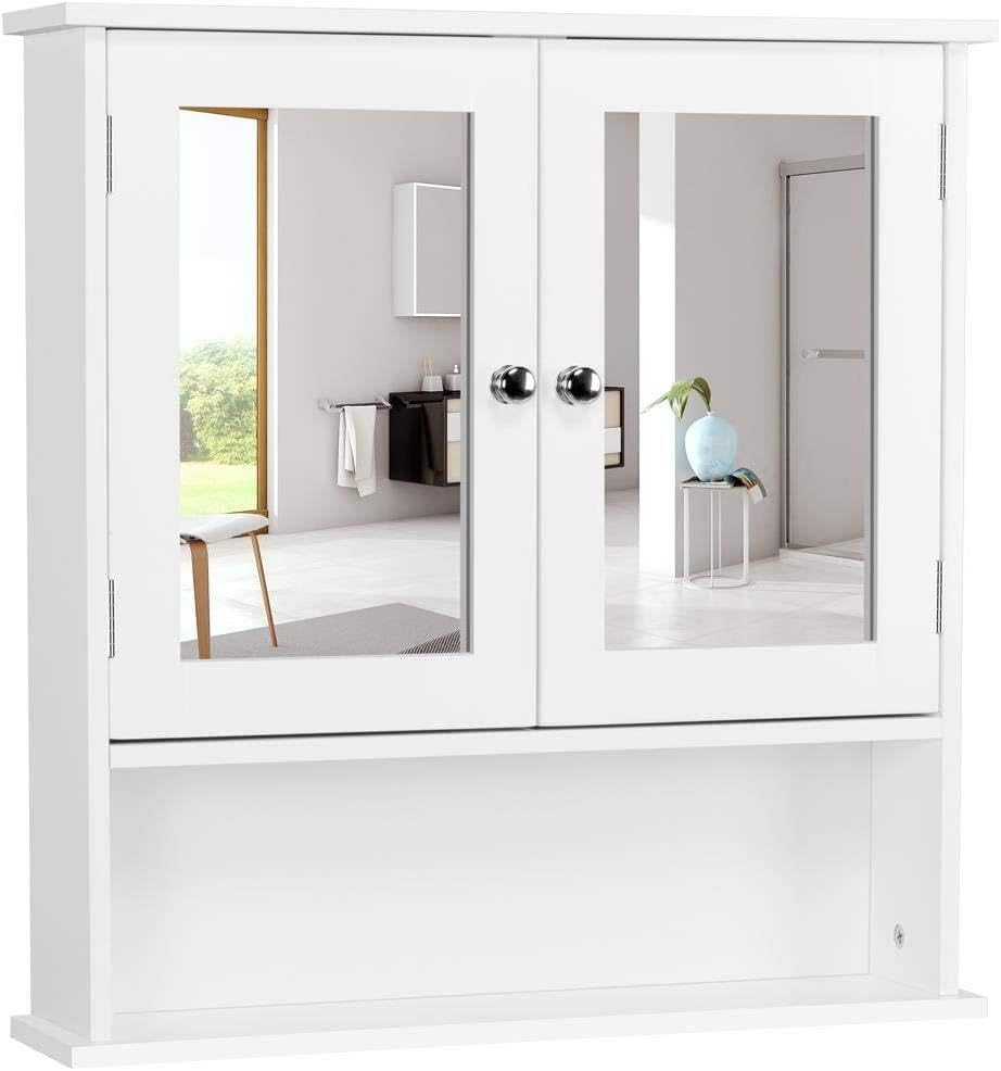 Yaheetech Spiegelschrank, Badschrank, Hängeschrank mit Spiegeltür, Badezimmerspiegel mit Ablagen, 56cmx13cmx58cm, Weiß