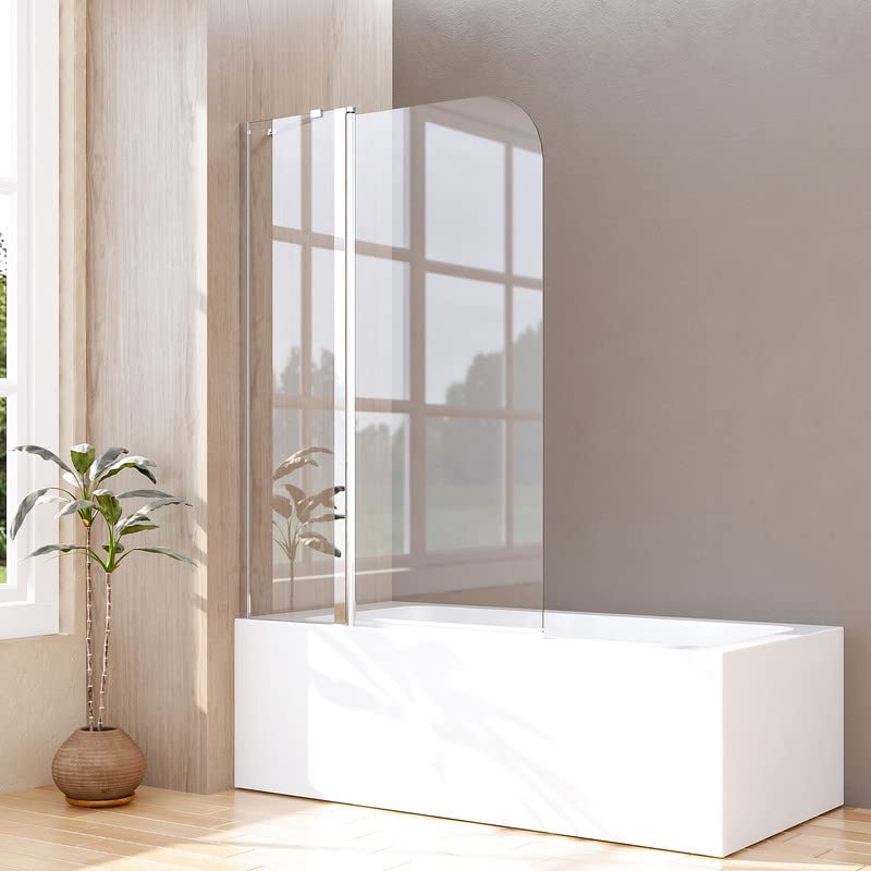 Duschwand für Badewanne 2-teilig 100x140cm Duschabtrennung Faltbar mit festem Segment, Glas Badewannenaufsatz Duschtrennwand Zweiteilige Faltwand, Duschwand aus 6mm Nano EGS Sicherheitsglas