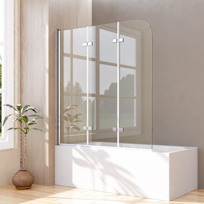 Goezes Duschwand für Badewanne 130x140cm 3-teilig faltbar, Badewannenaufsatz Duschabtrennung Duschtrennwand mit 6mm Nano Glas, Klappbar Duschwand