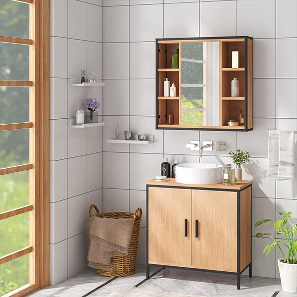 EUGAD Badezimmer Badmöbel Set Waschbeckenunterschrank Unterschrank Badezimmerschrank mit Spiegelschrank Metall + Holz Model 11