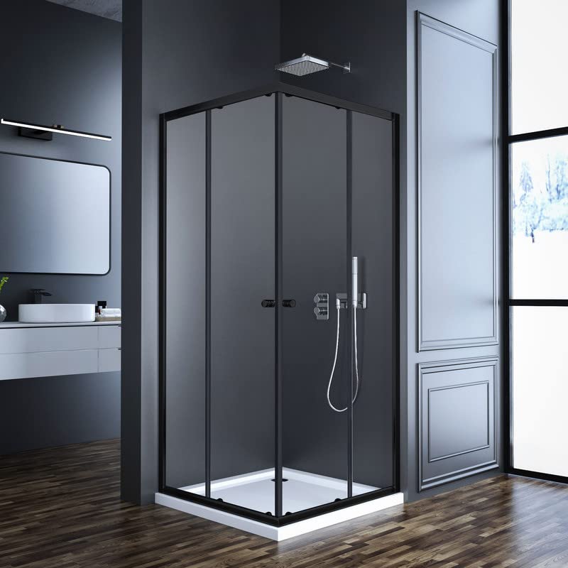 Duschkabine Schwarze Doppelschiebetür mit Eckeinstieg 75x75 cm, Duschwand Schiebetüren, Duschabtrennung 6mm ESG gehärtetes Glas, Höhe 185 cm Dusche Duschtür