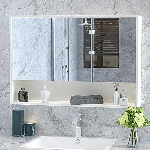 Msutree 3 Türen Badspiegelschrank mit verstellbarem Einlegeboden Wandmontierter Badspiegelschrank Spiegelschrank für Badezimmer Duschraum 900 * 600mm