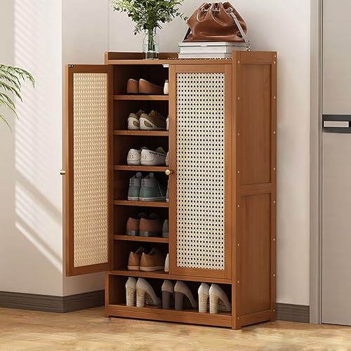 Rustikaler Schuhschrank aus Eiche, mit verstecktem Stauraum und verstellbaren Regalen, braun, 2 Türen, Rattan, Sideboard Organizer für den Eingangsbereich