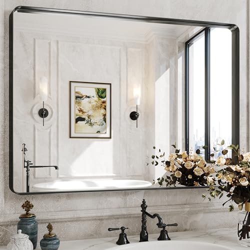 antok Badspiegel Schwarz 75x100cm Rechteckiger Spiegel Badezimmer Spiegel Wandspiegel mit Metall Rahmen für Badezimmer, Waschräume, Schlafzimmer