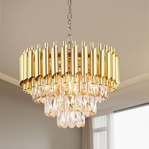 FRIXCHUR 15,7'' Kristall-Kronleuchter-Leuchten Modernes Gold-Pendelleuchte 3-Tier-Kristall-Kronleuchter-Leuchte Raindrop Flush Mount Deckenleuchte für Esstisch Küche Insel Wohnzimmer E14x5 Bulb…