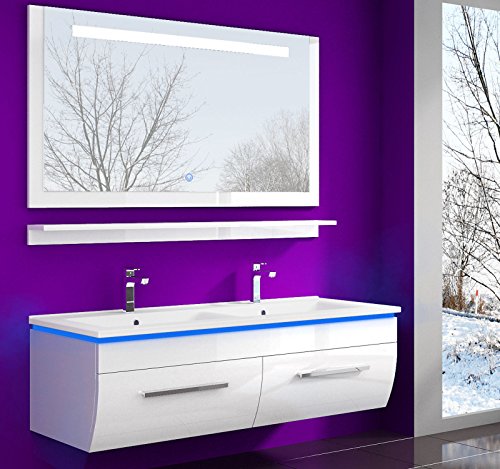 Badmöbel Set Waschbecken Spiegel und Ablage Vormontiert Badezimmermöbel Doppelwaschbecken Weiss 120 cm LED...