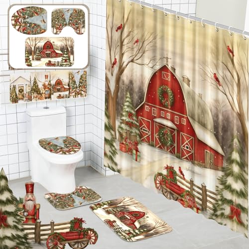 FuWeave 8-teiliges Vintage-Weihnachts-Duschvorhang-Set, 4-teilig, Weihnachtsbaum-Badetücher, dekorative Winterhandtücher mit rutschfesten Teppichen, WC-Deckelbezug und Badematte für Urlaubsdekoration
