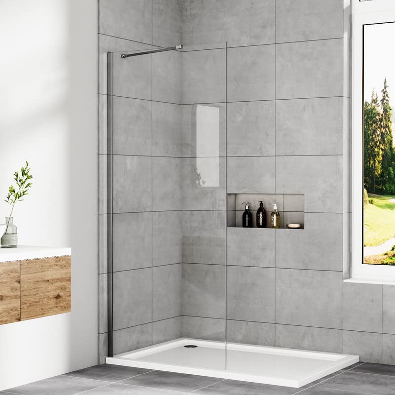 Duschwand 75 x 195 cm Walk In Dusche Duschtrennwand mit Stabilisator Duschabtrennung 5 mm ESG Easy-clean Sicherheitsglas