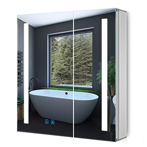 Quavikey® Badezimmer Spiegelschränke mit LED-Licht und Rasiersteckdose 2 Türen Grauer Spiegelschrank...