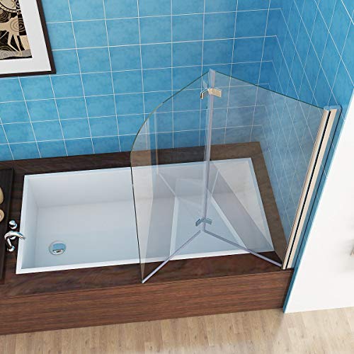MIQU 110 x 140 cm Badewannen 2 TLG. Faltwand Aufsatz 180° Duschwand Duschabtrennung 6mm Nano Glas DAY